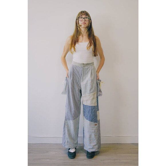 Rework Vintage Patchwork Flannel Pouch Pocket Flared Cargo Pants - Picture 2 of 11